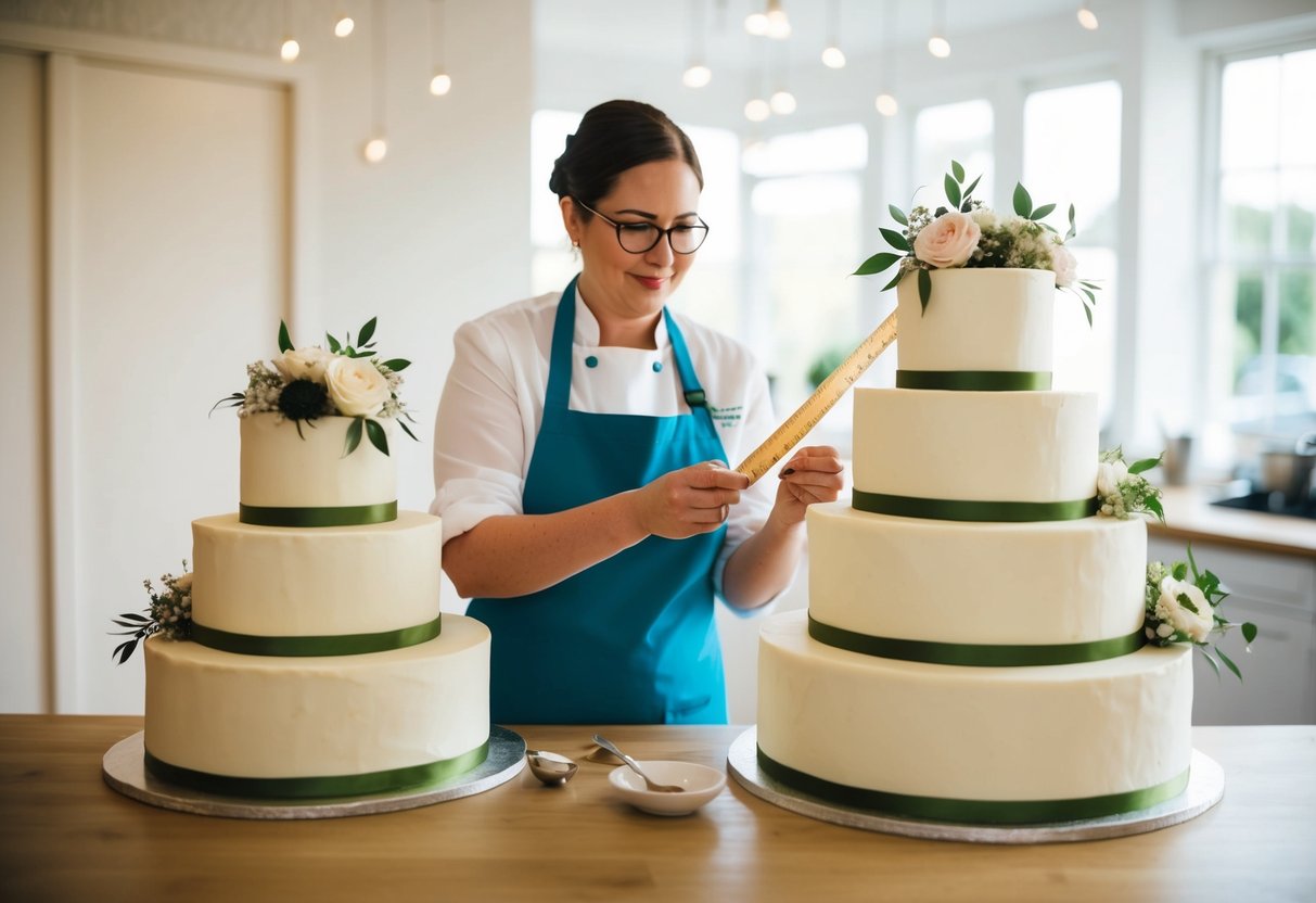 A baker measuring tiers of wedding cakes in different sizes to illustrate the amount needed for a wedding