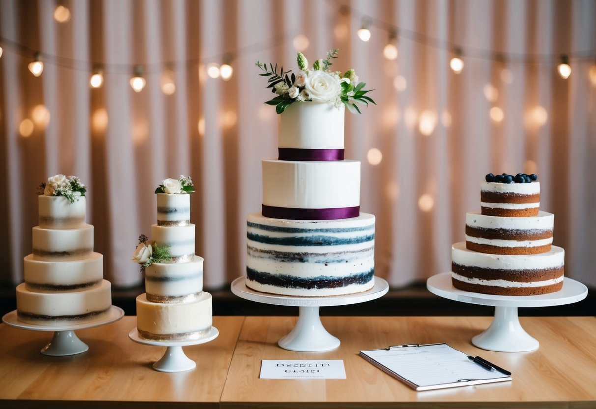 A table with different sizes of wedding cakes and a budget planner with dessert options