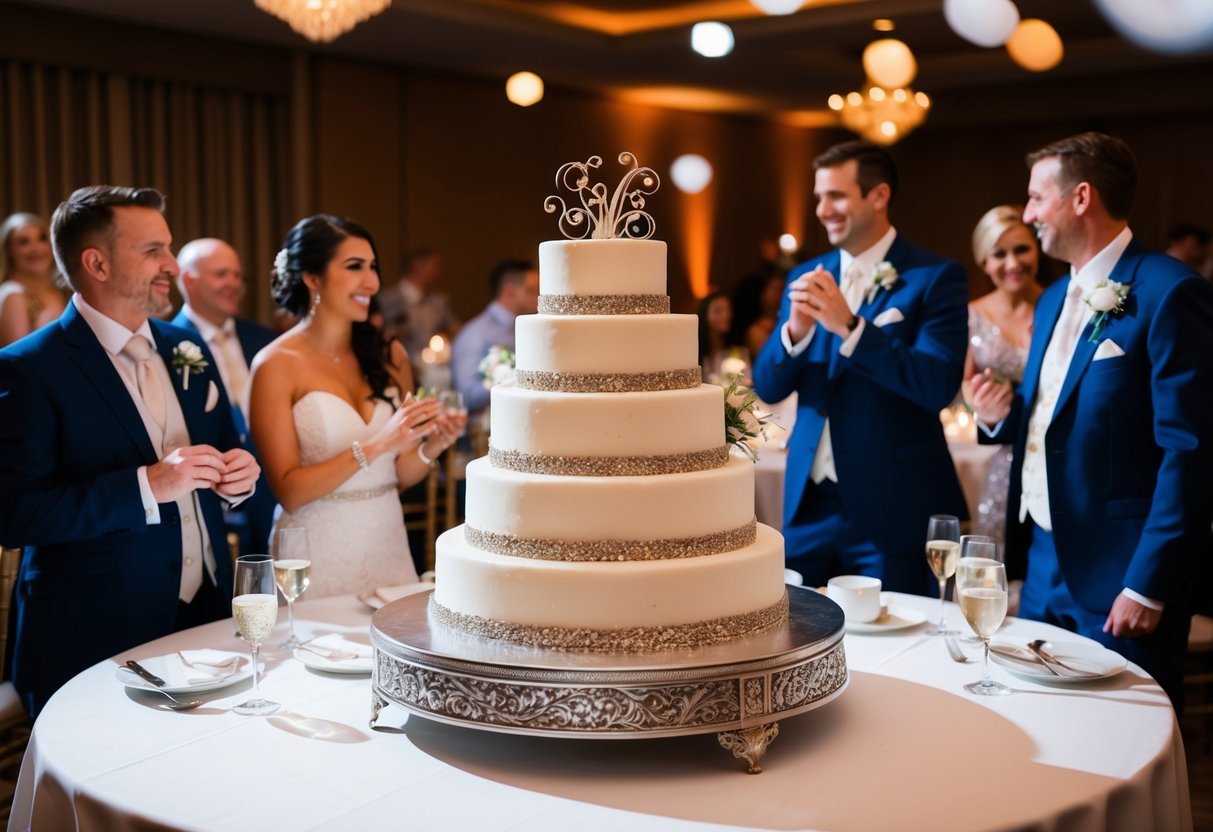 A groom's cake sits on a table at a wedding reception, adorned with intricate decorations and surrounded by guests enjoying the celebration