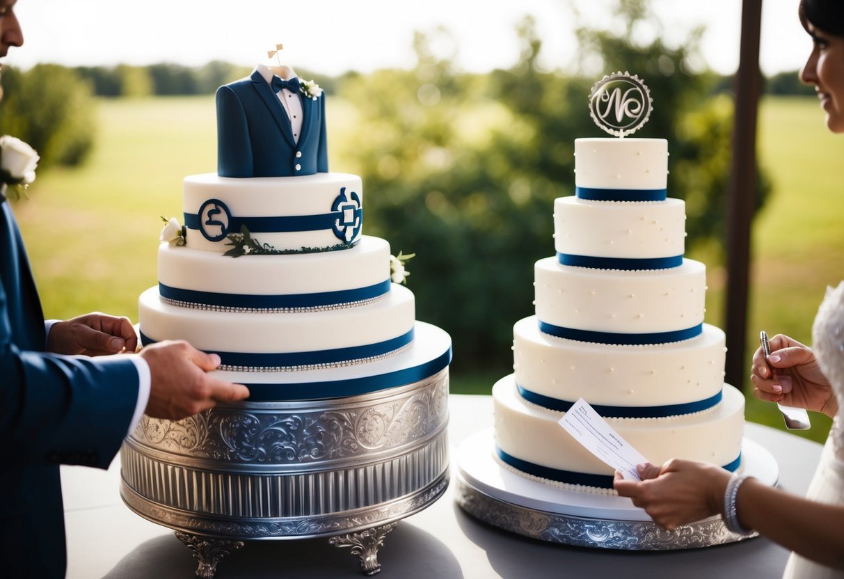A tiered groom's cake stands next to the wedding cake, adorned with masculine decorations and symbols. A man's hand reaches for a slice, while a woman's hand holds a check