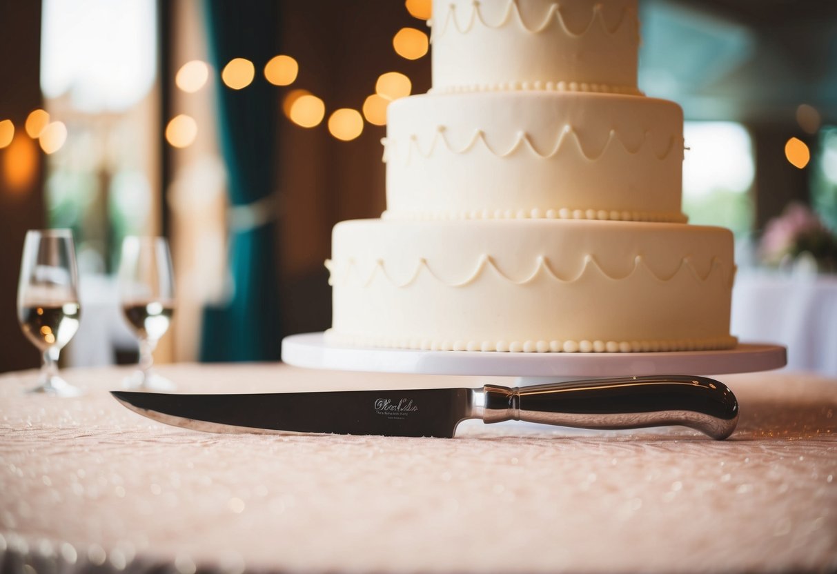 A cake knife placed on a decorated table with a wedding cake in the background