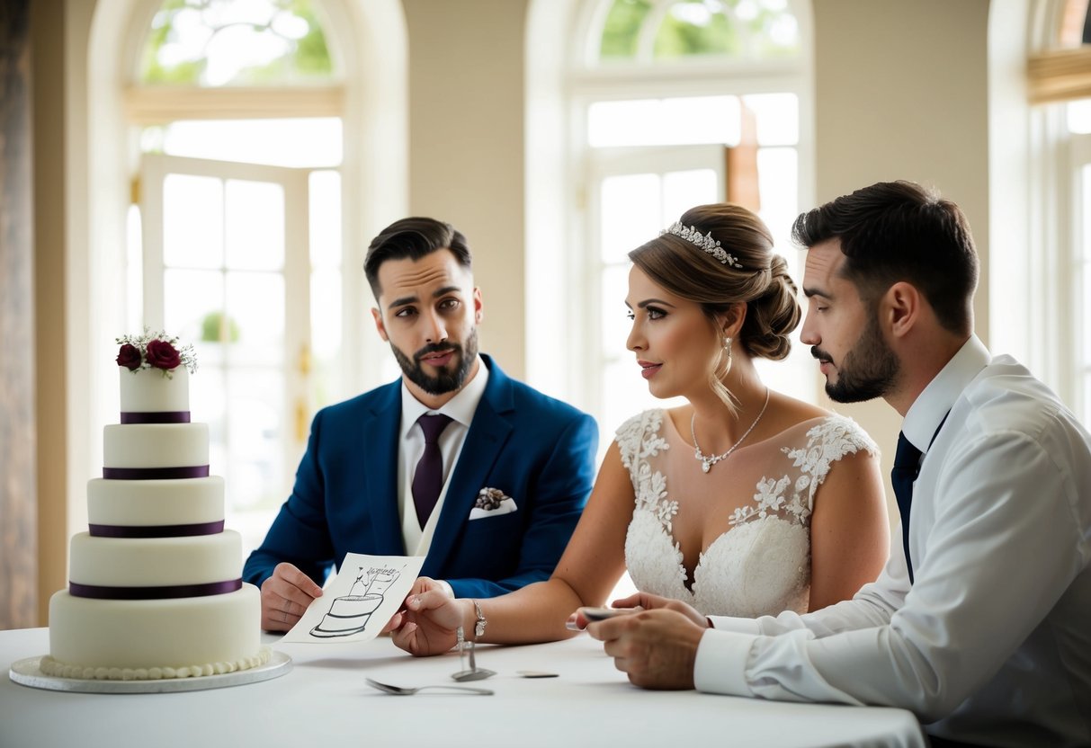 A bride and groom sit at a table, discussing wedding expenses. A cake decorator presents a sketch of a groom's cake, as they debate who will cover the cost