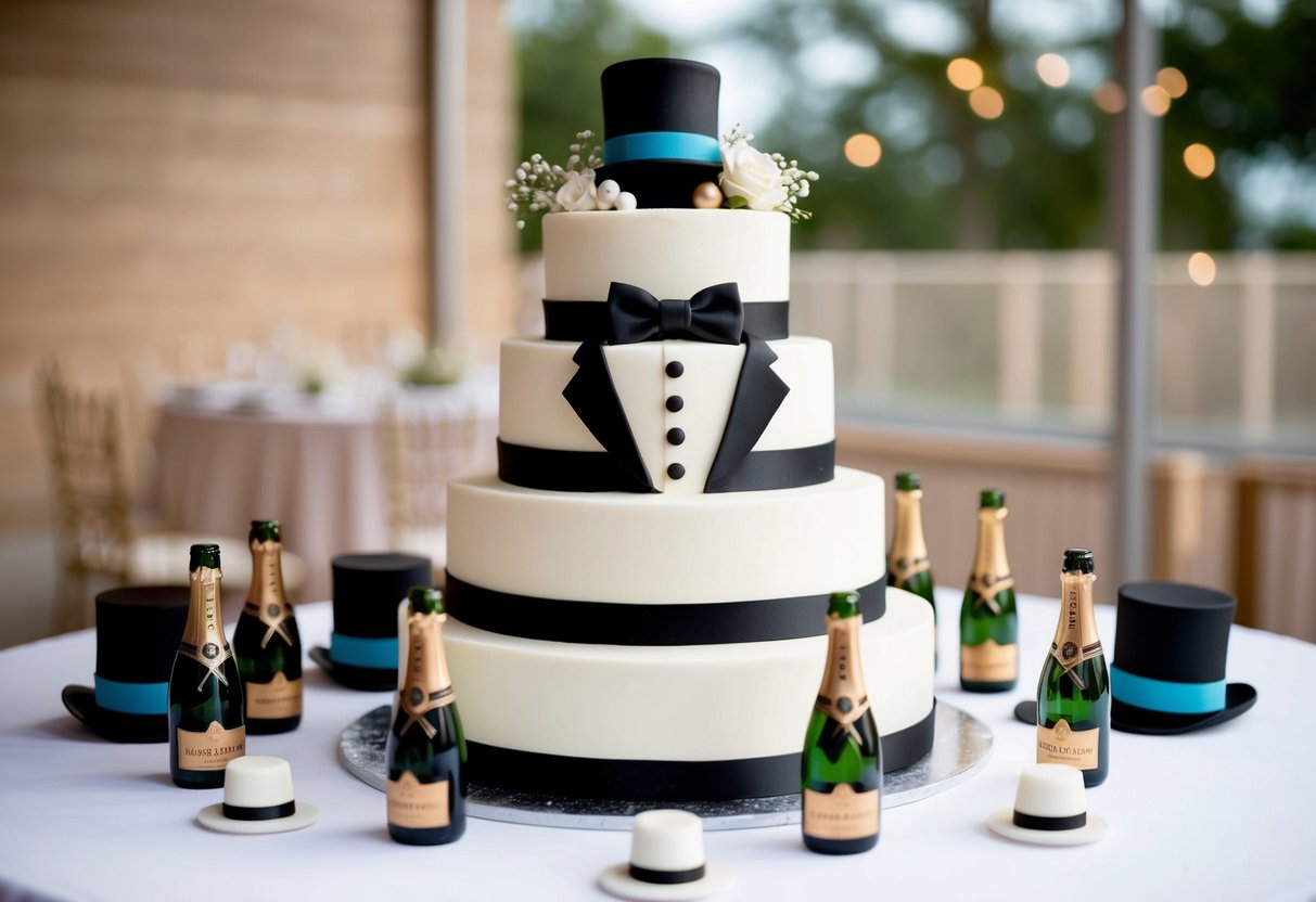 A tiered cake shaped like a tuxedo with bow tie and boutonniere, surrounded by tiny edible champagne bottles and top hats