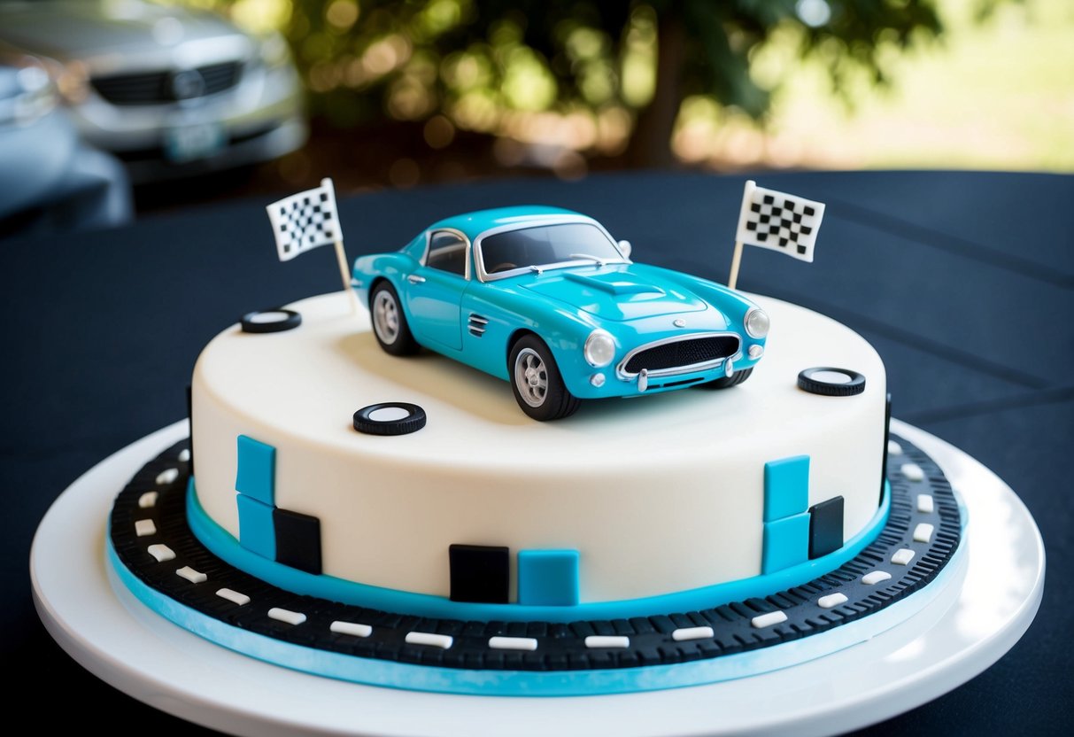 A groom's cake featuring a classic car as the centerpiece, surrounded by edible tire tracks and checkered flags
