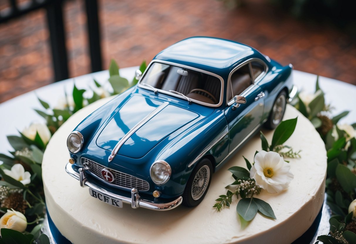 A groom's cake featuring a vintage car with intricate detailing, surrounded by edible flowers and greenery