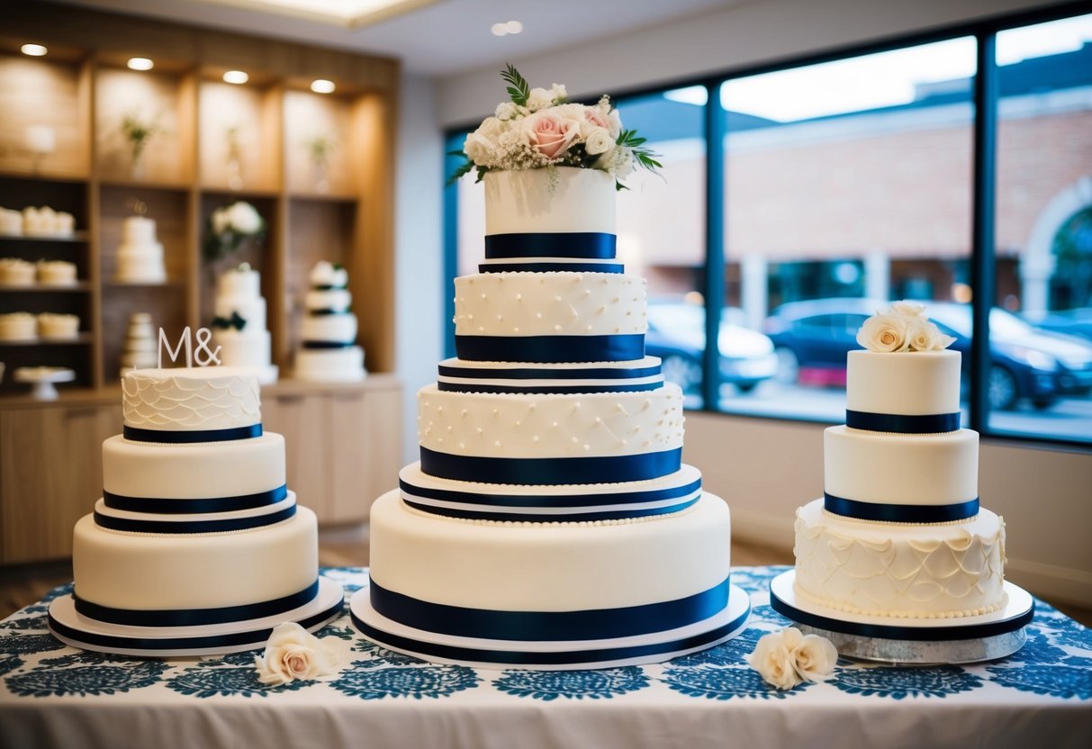 A wedding cake display at an M&S store, with various designs and sizes showcased on a decorated table