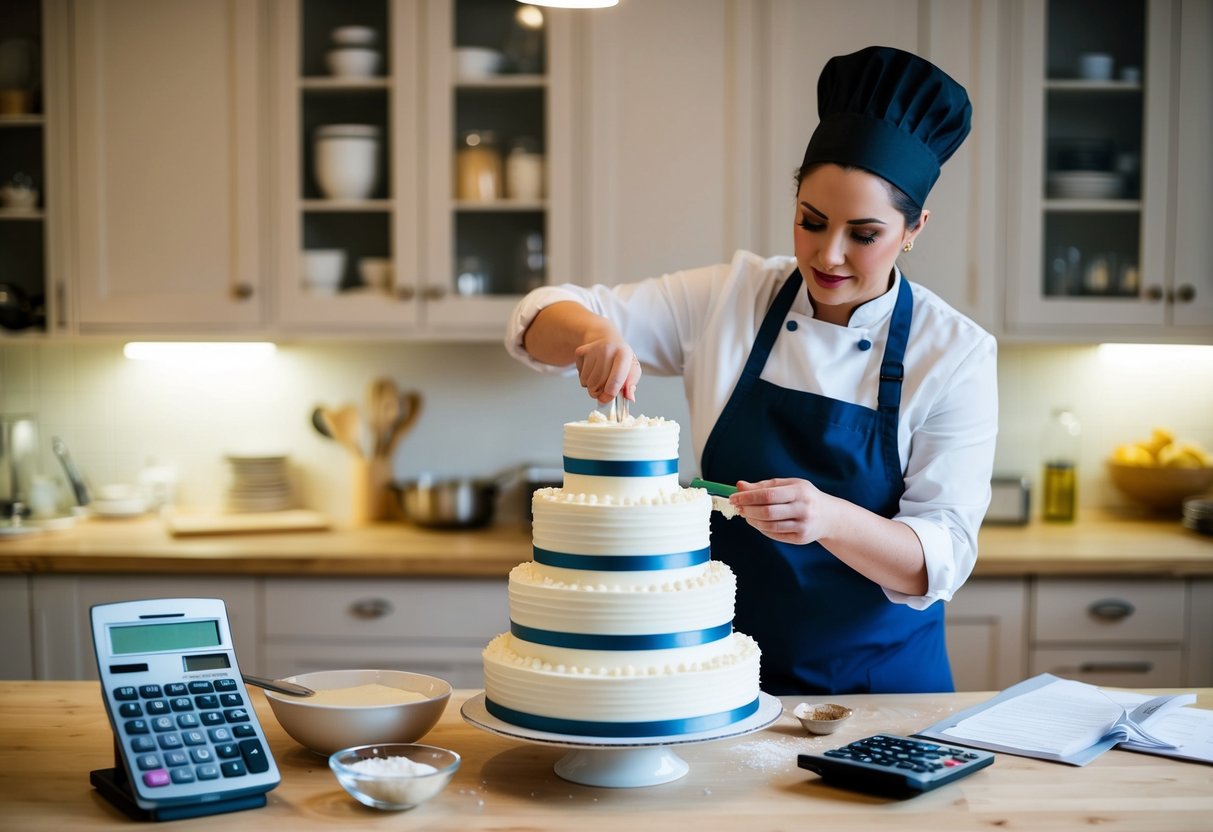 A baker in a cluttered kitchen, measuring ingredients for a multi-tiered wedding cake. A price list and calculator sit nearby