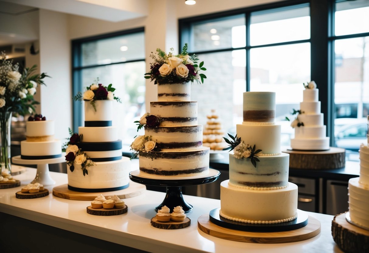A display of various wedding cake options, including tiered, floral, and modern designs, showcased in a bakery setting