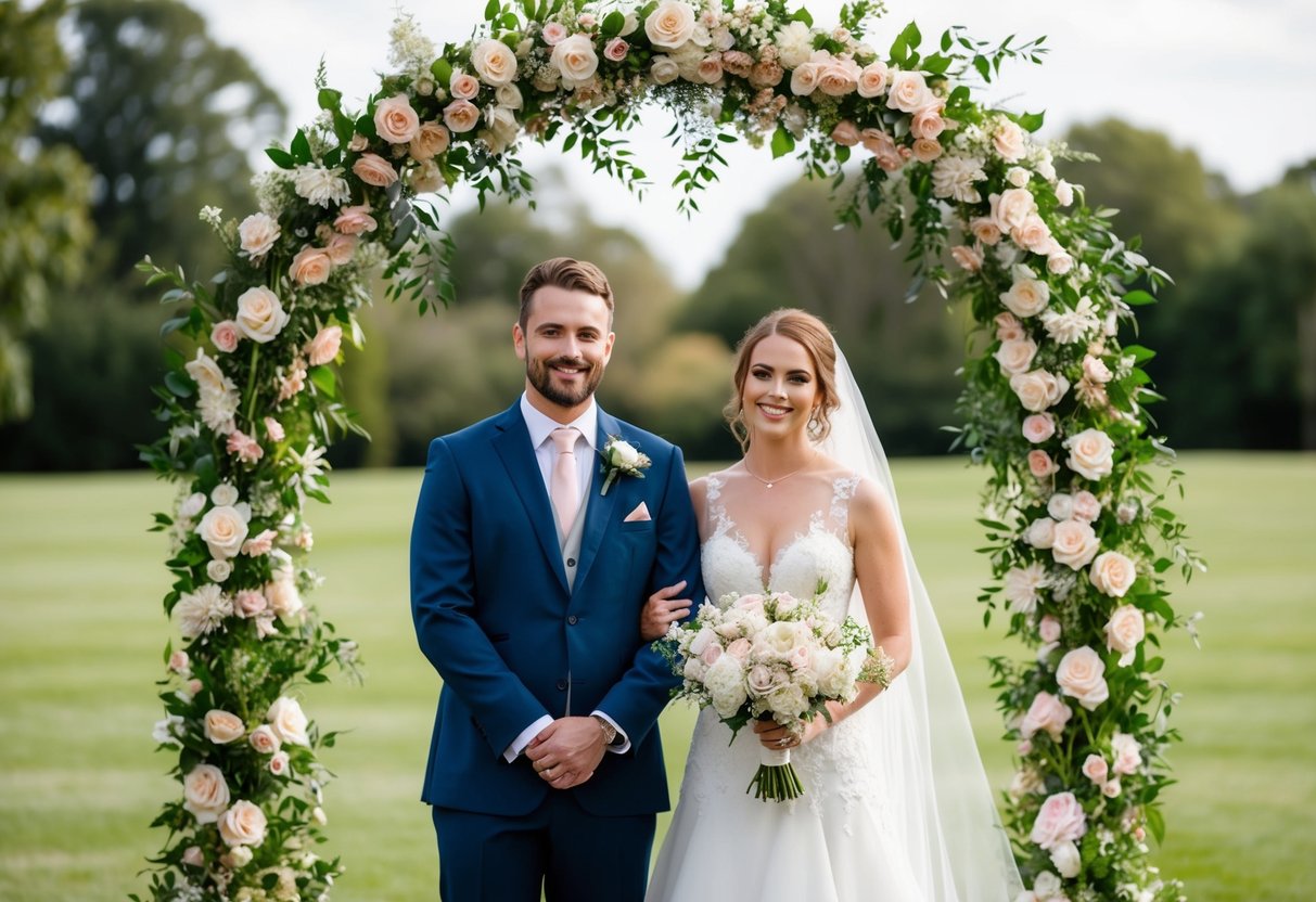 A bride and groom standing under a floral arch