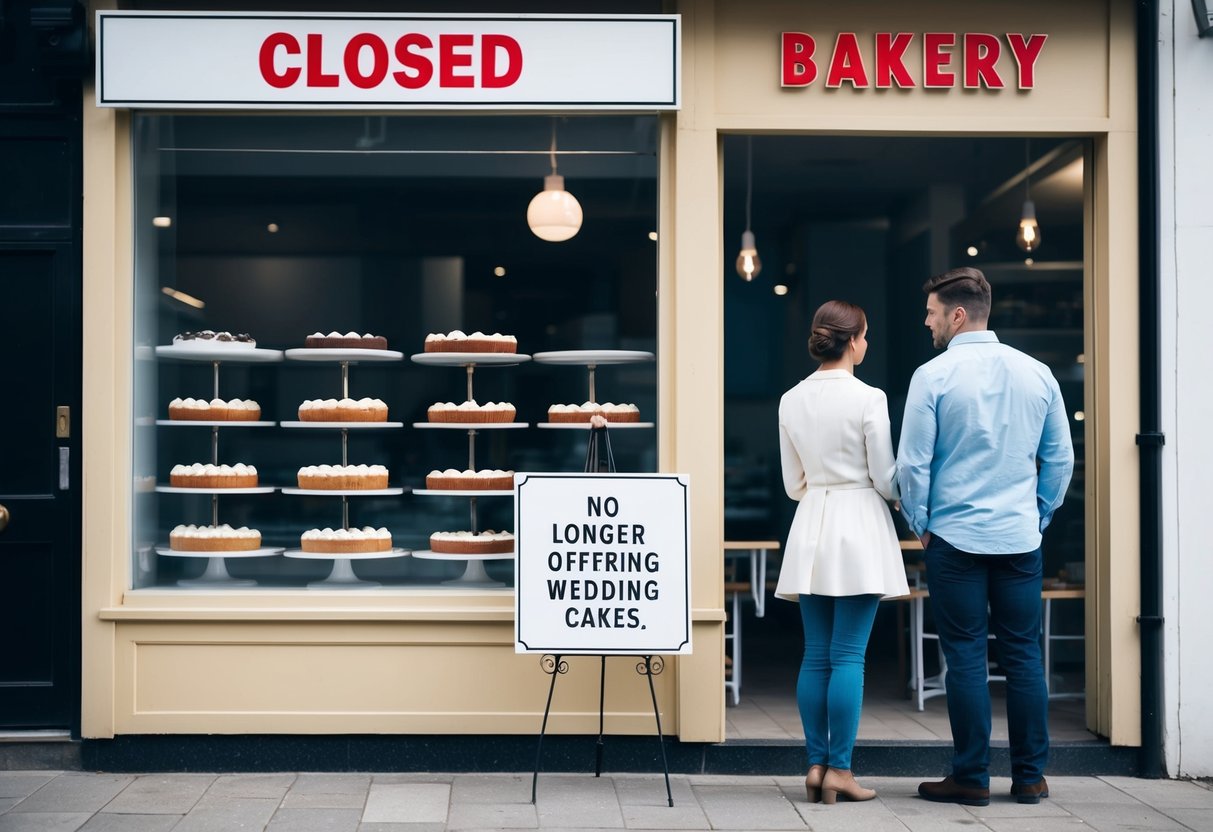 A bakery storefront with a "Closed" sign, empty cake display, and a disappointed couple looking at a sign stating "No longer offering wedding cakes."