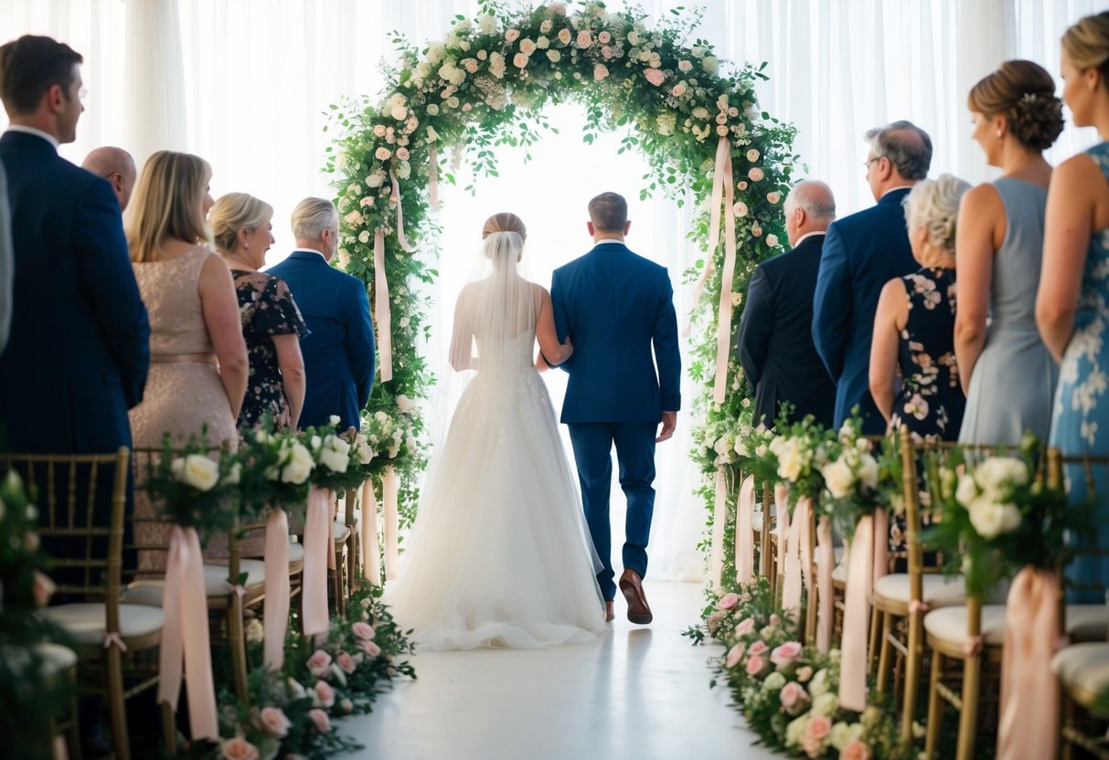 A bride and groom walking down a flower-lined aisle towards an archway adorned with ribbons and flowers