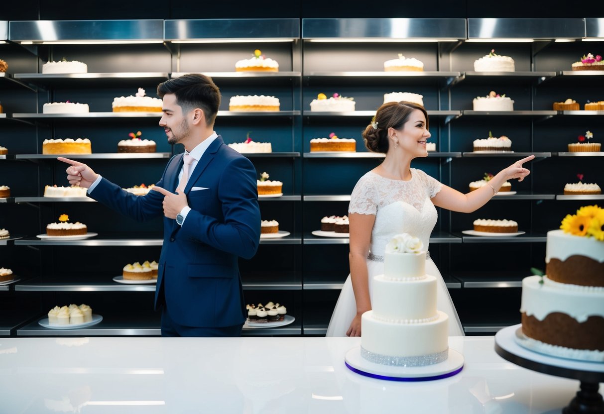 A couple stands in front of a bakery display, pointing at empty shelves where wedding cakes used to be. The disappointed expressions on their faces are evident