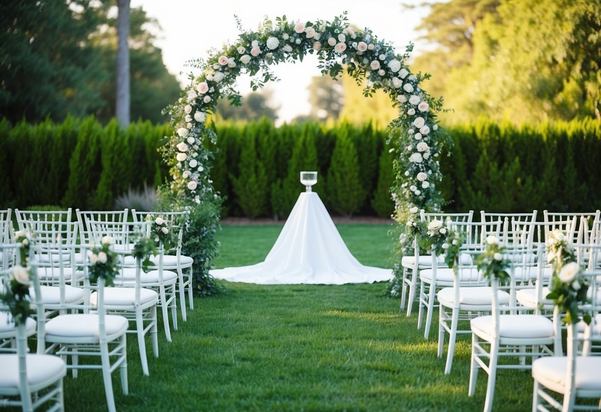A decorative wedding arch stands adorned with flowers and greenery, surrounded by rows of chairs facing a beautiful outdoor setting