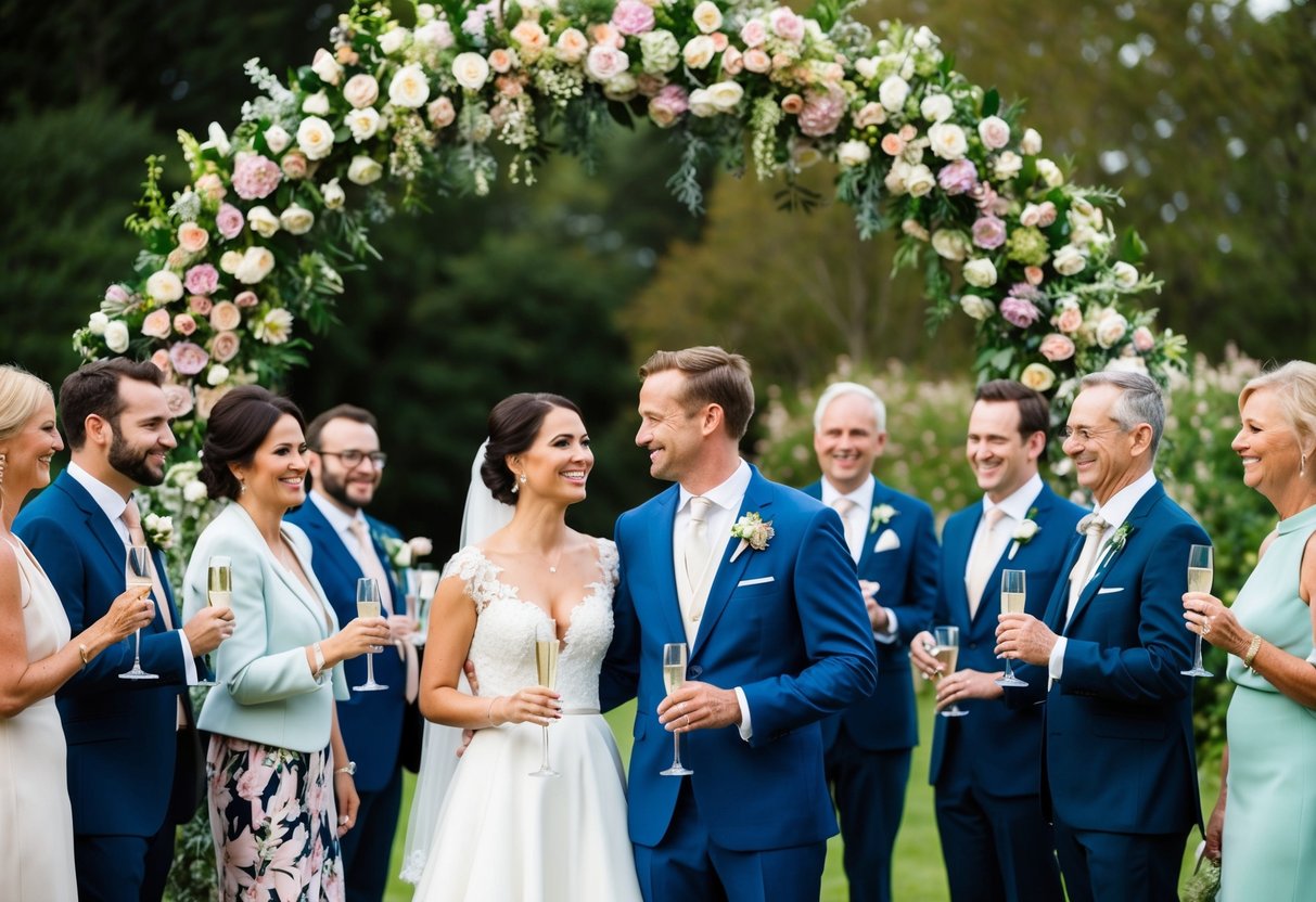 A bride and groom standing together under a floral arch, surrounded by smiling guests holding champagne glasses