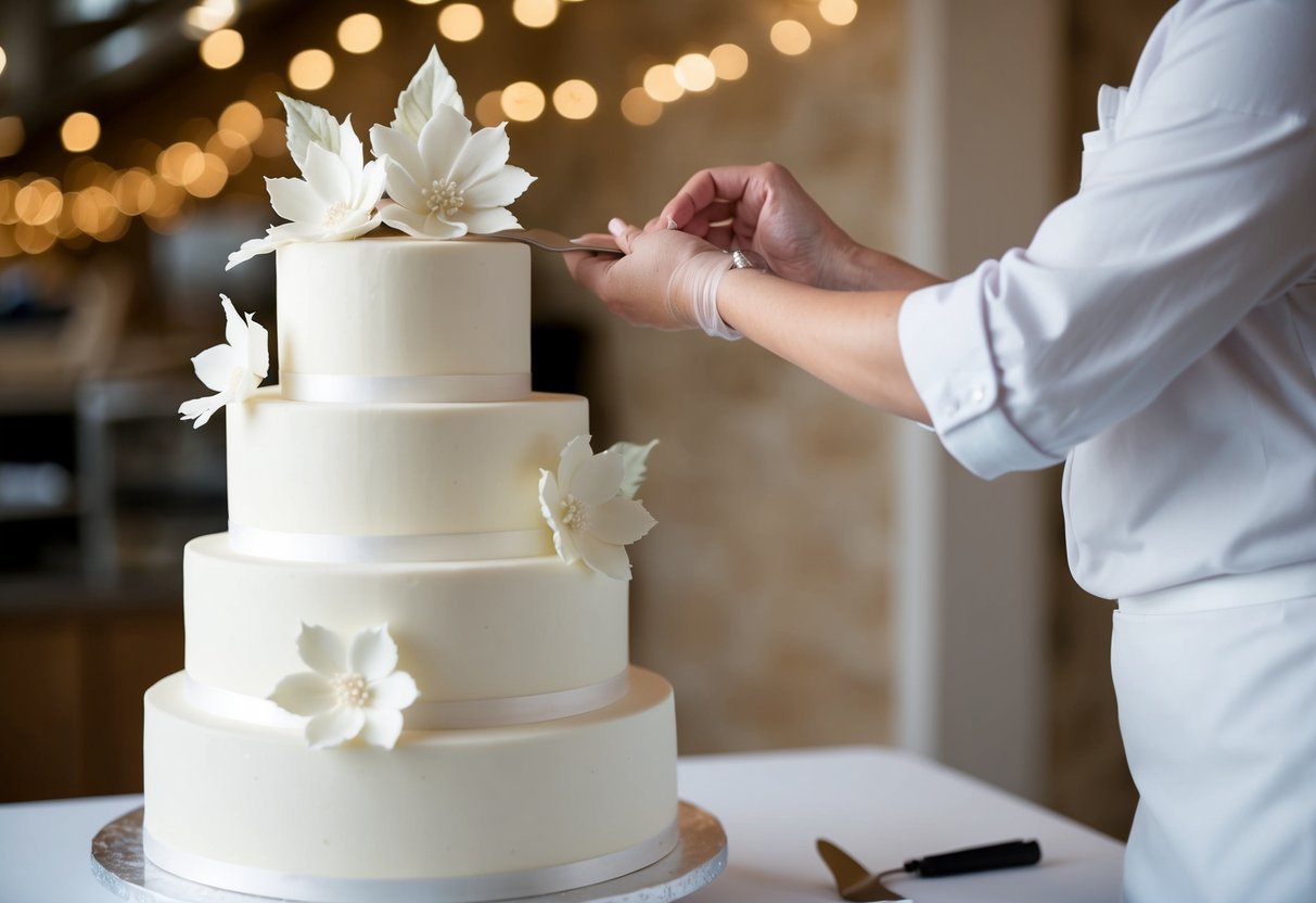A baker carefully adds delicate sugar flowers to a tiered wedding cake, ready for delivery