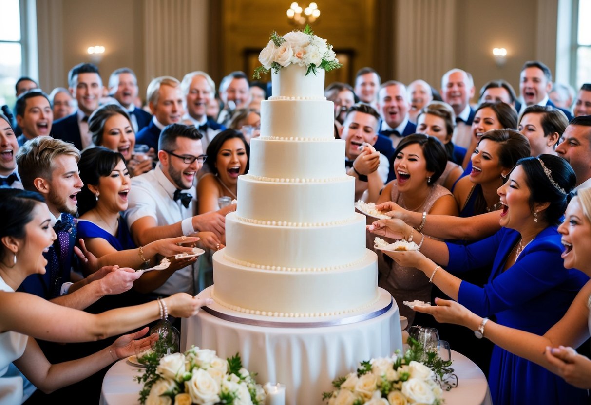 A grand wedding cake surrounded by a crowd of hungry guests eagerly reaching out for a slice