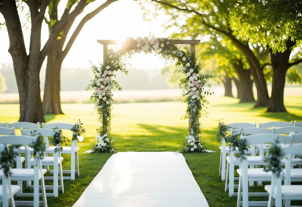 A serene outdoor wedding setting with a floral archway and soft sunlight streaming through the trees