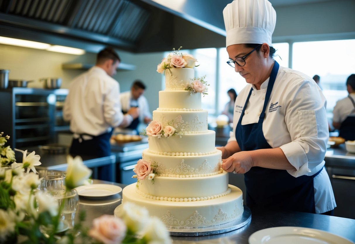 A baker carefully prepares a multi-tiered wedding cake, adorned with delicate flowers and intricate designs, in a bustling kitchen