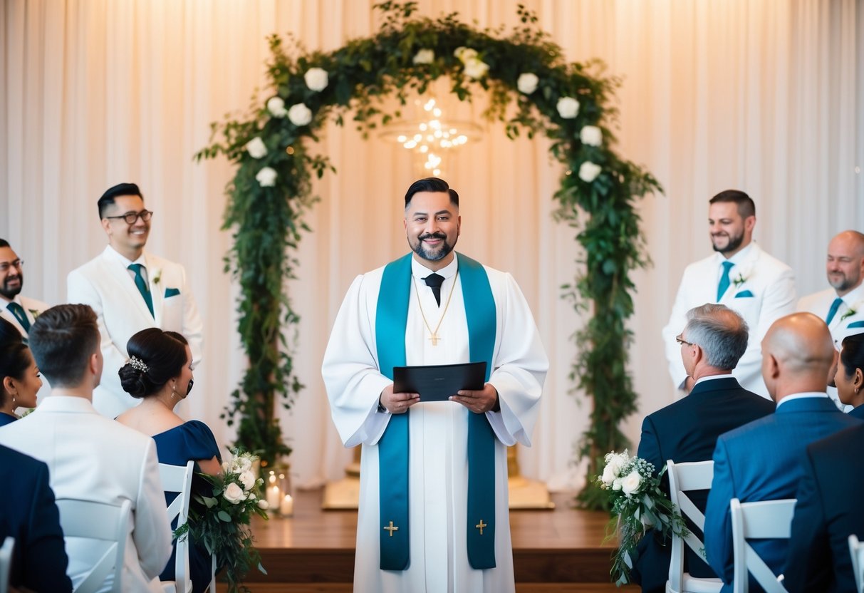 A wedding officiant stands at the front of a decorated ceremony space, with a serene and joyful atmosphere