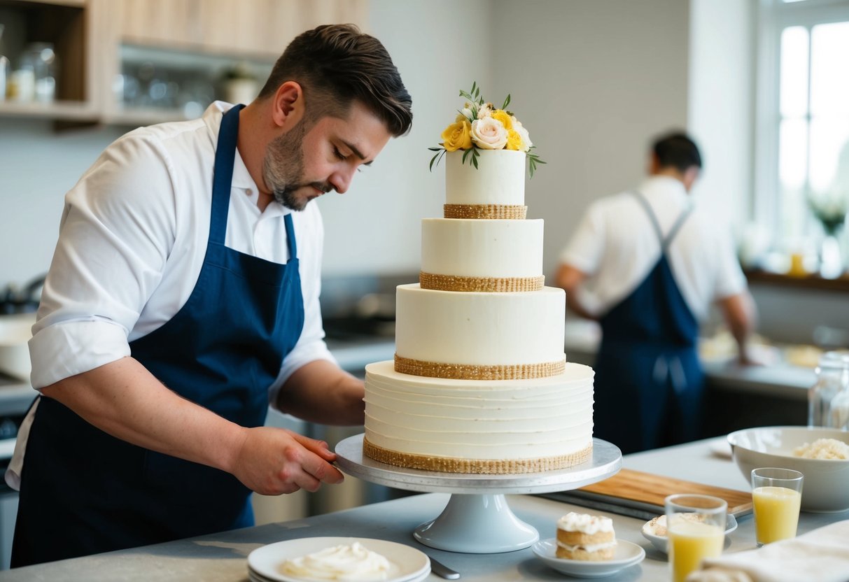 A baker carefully layers and assembles a wedding cake, working diligently to ensure it is perfect and ready for the big day, a week in advance