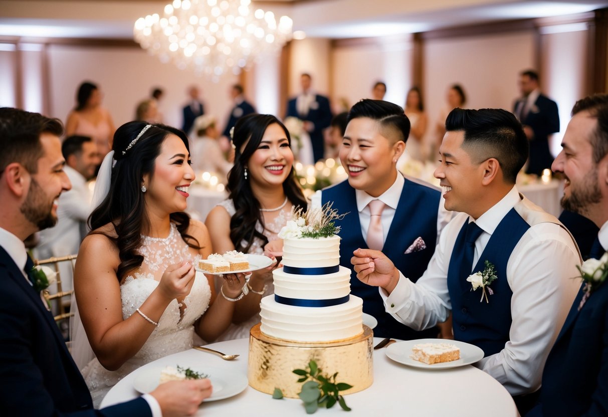 Several guests enjoy wedding cake at a reception, with a few seen taking bites or holding slices on plates