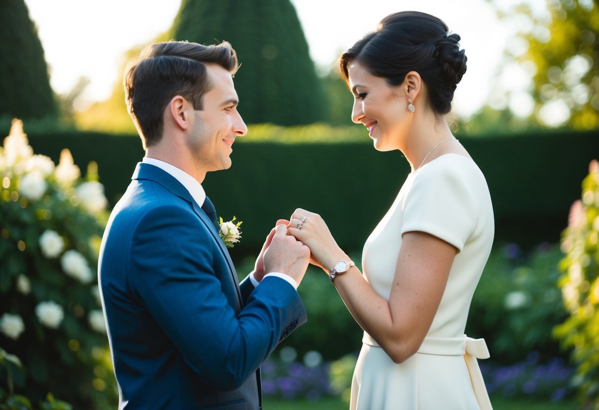 A couple stands facing each other, exchanging rings in a garden