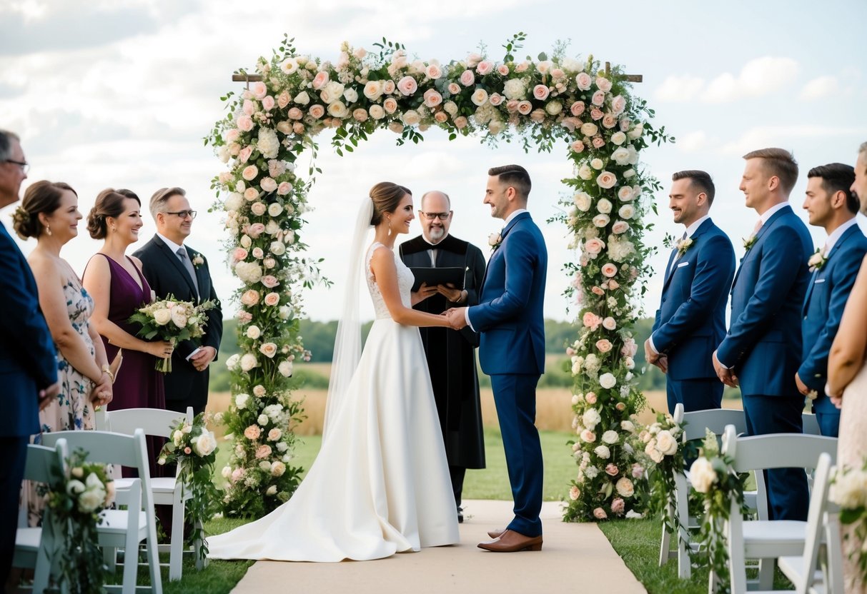 A couple stands beneath a floral arch, exchanging vows before an officiant. Guests look on, some holding bouquets or cameras