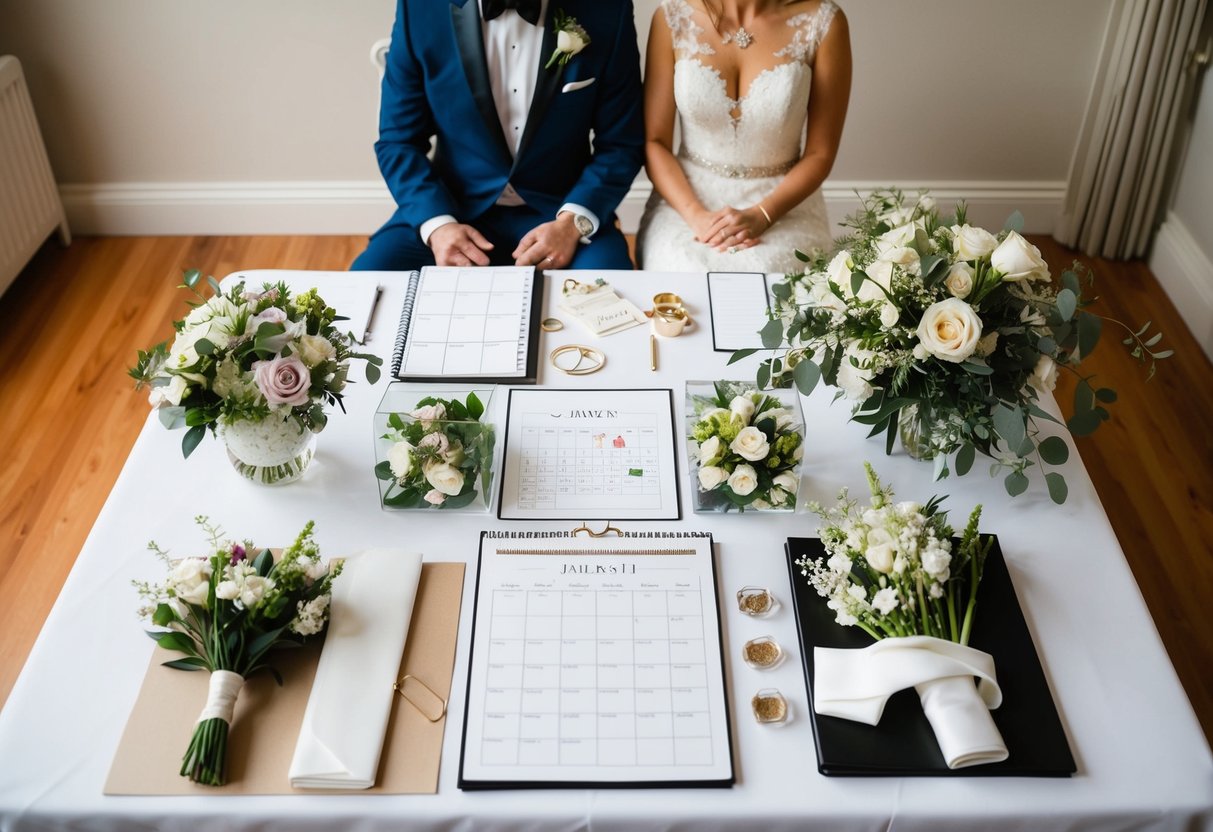 A bride and groom sit at a table, surrounded by wedding planning materials. A calendar, floral arrangements, and a wedding dress are laid out before them