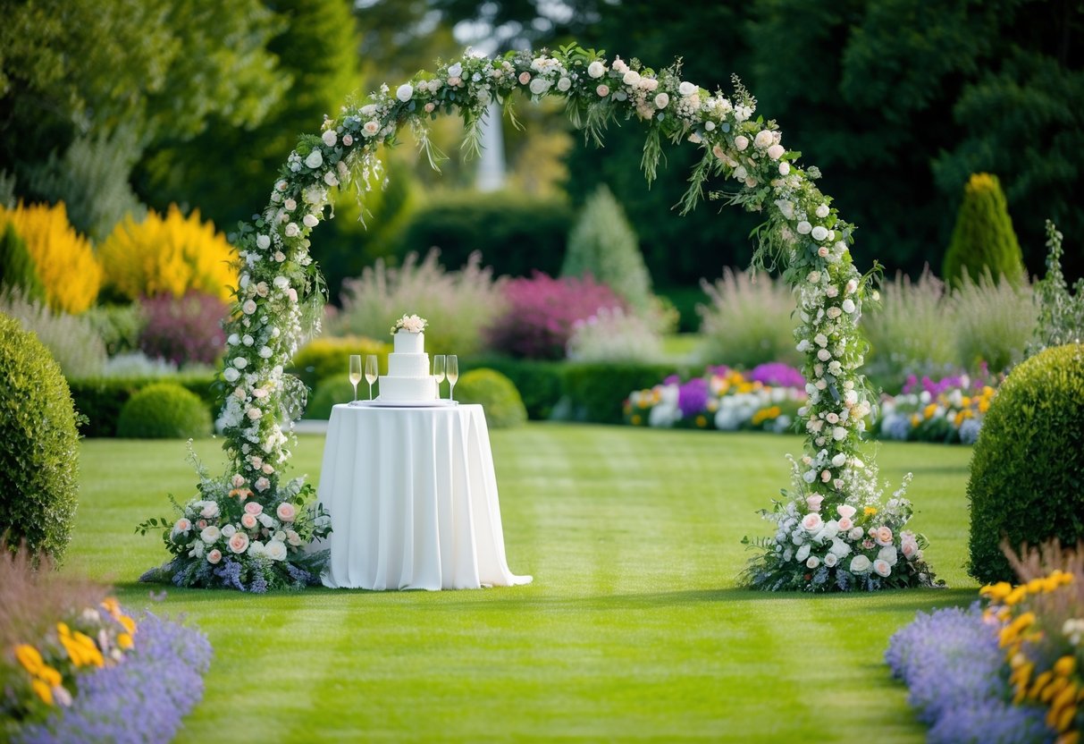 A decorated wedding arch stands in a garden, surrounded by colorful flowers and greenery. A table is set with a wedding cake and champagne glasses