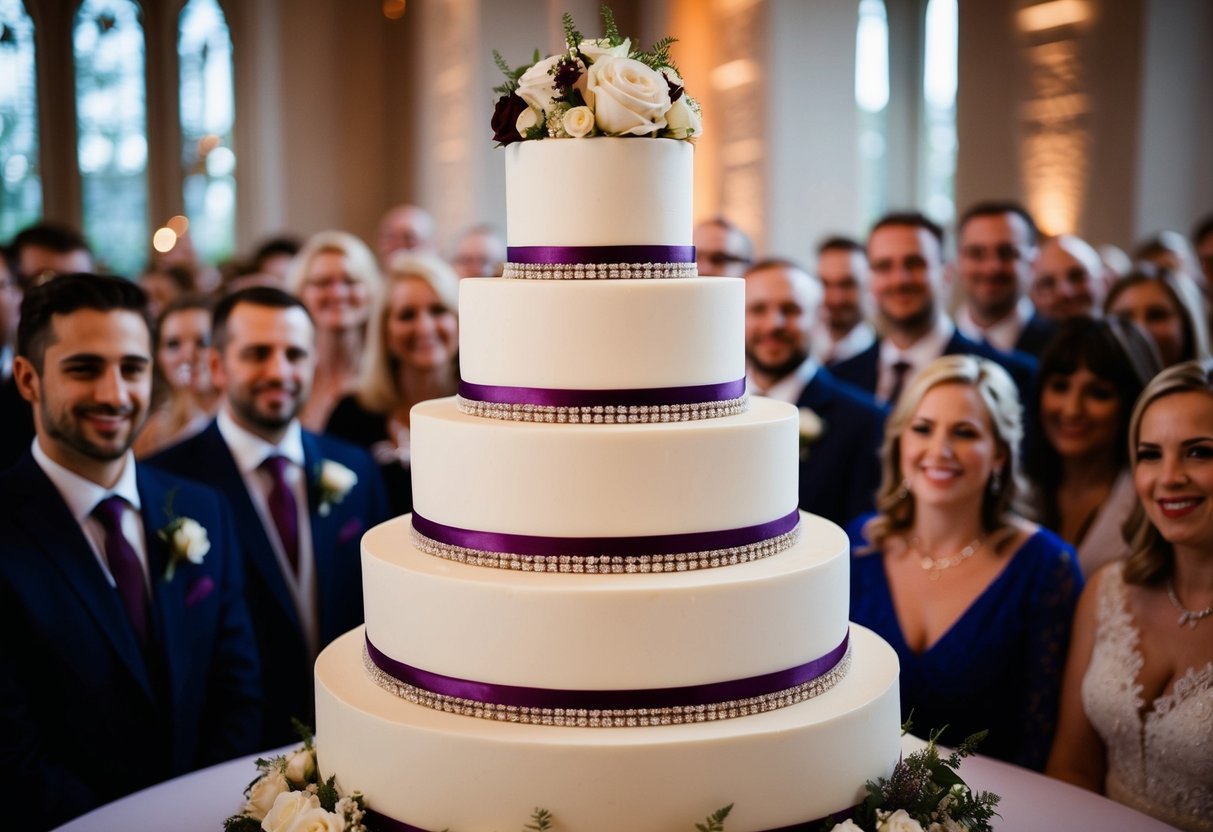 A tiered wedding cake surrounded by a crowd of guests