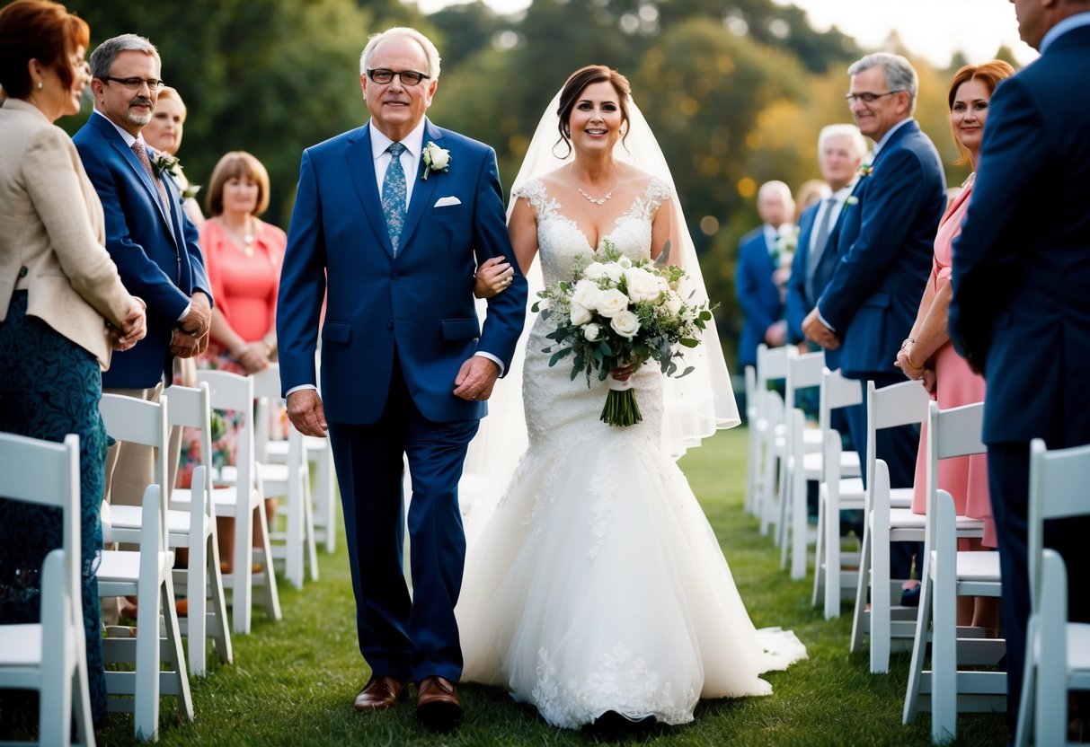 Both parents stand on either side of the bride, walking her down the aisle