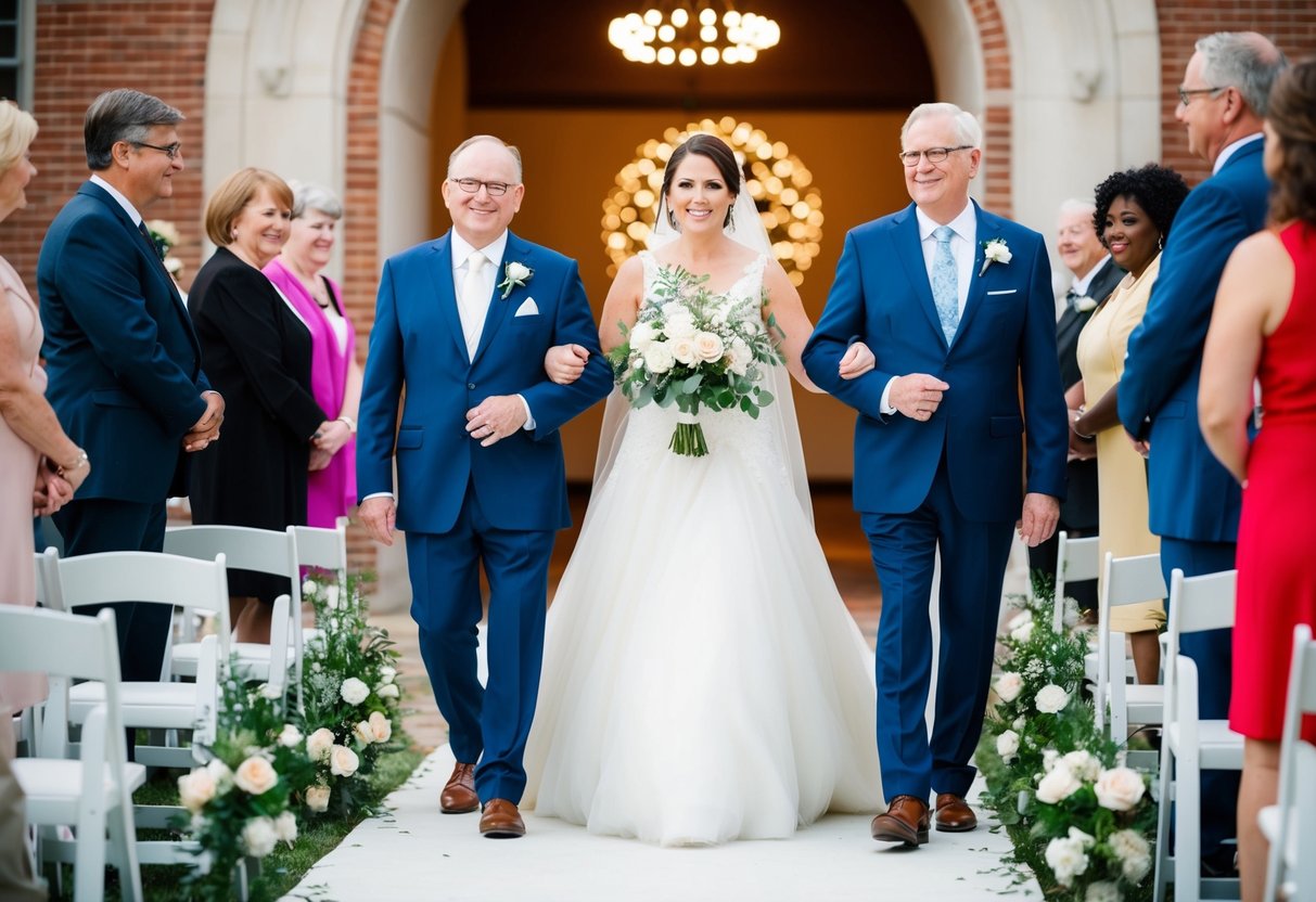 Both parents flank the bride, guiding her down the aisle in a display of unity and inclusivity