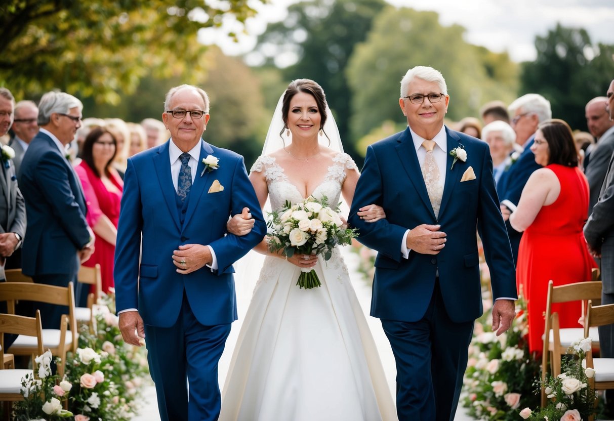 A bride stands between her two parents, each holding one of her arms, as they walk together down a flower-lined aisle