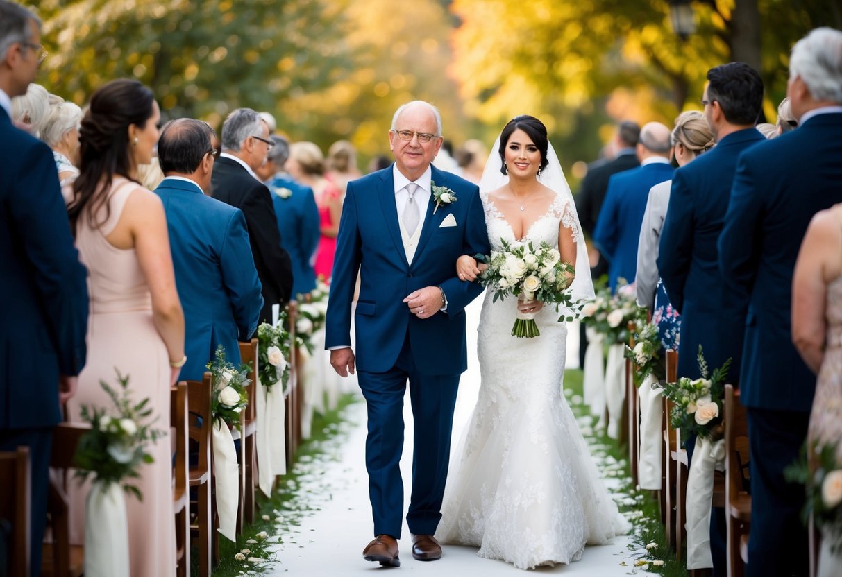 The bride's father walks down the left side of the aisle during the wedding procession