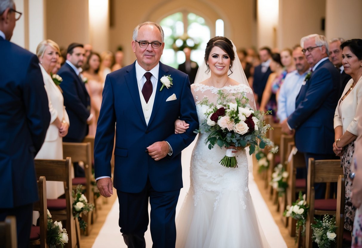 The bride's father walks down the aisle on the left side, carrying a bouquet of flowers