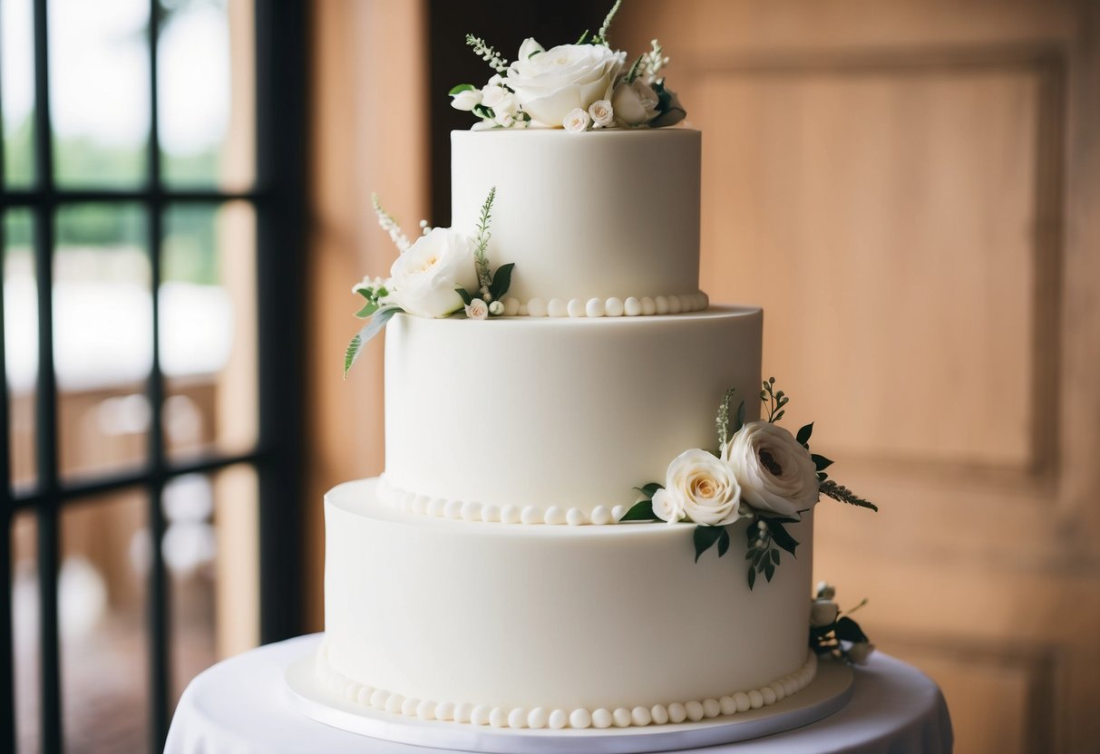 A three-tiered wedding cake adorned with white fondant, delicate floral decorations, and elegant piping details