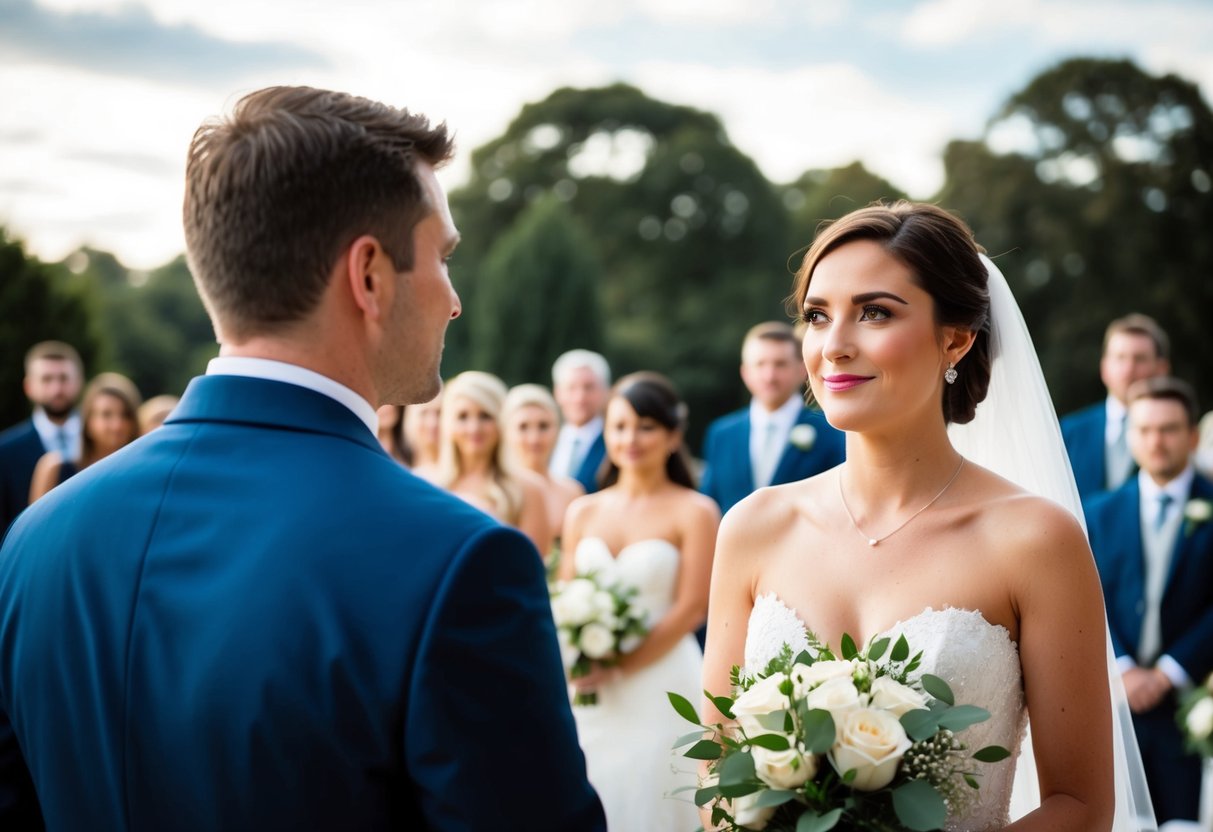 The groom gazes at the bride approaching the aisle