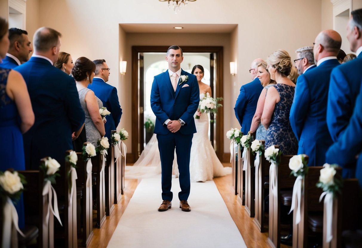 The groom stands at the end of the aisle, his eyes fixed on the entrance where the bride will soon appear. The anticipation and emotion are palpable as he waits for her to walk towards him