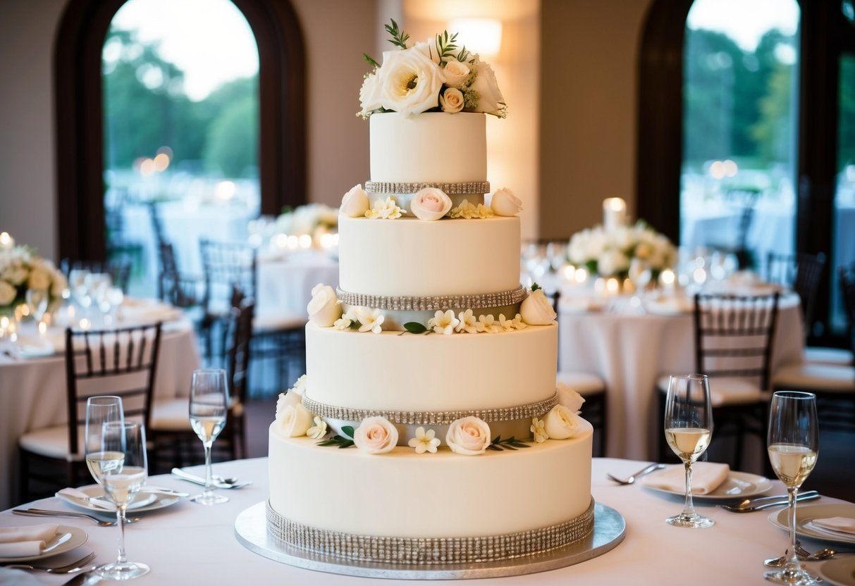 A tiered wedding cake with elegant decorations, towering over a table set for 80 guests