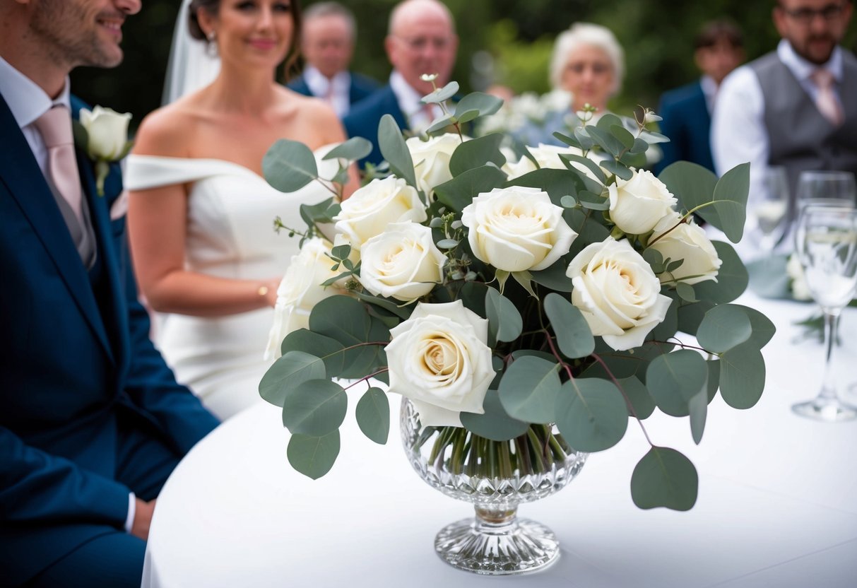 A bouquet of white roses and eucalyptus leaves sits in a crystal vase on the table next to the bride