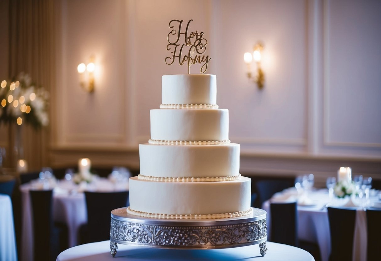 A tiered wedding cake with 80 servings, adorned with elegant decorations and a personalized cake topper, sits on a decorative cake stand