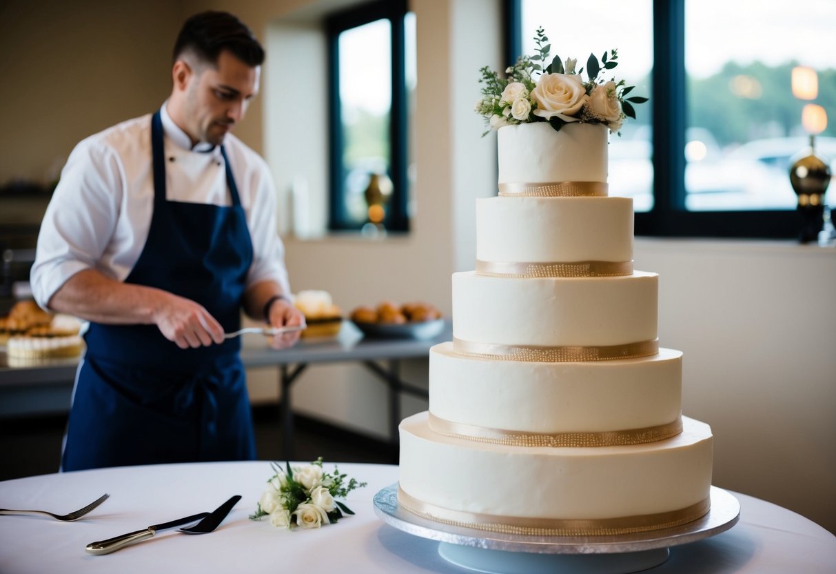 A tiered wedding cake with elegant decorations, suitable for 80 guests, sits on a table next to a cake baker