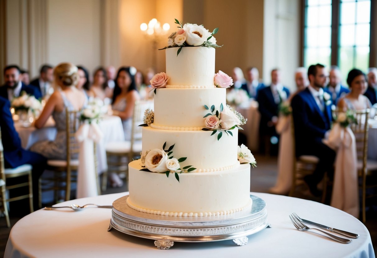 A three-tiered wedding cake with elegant floral decorations, serving 80 guests
