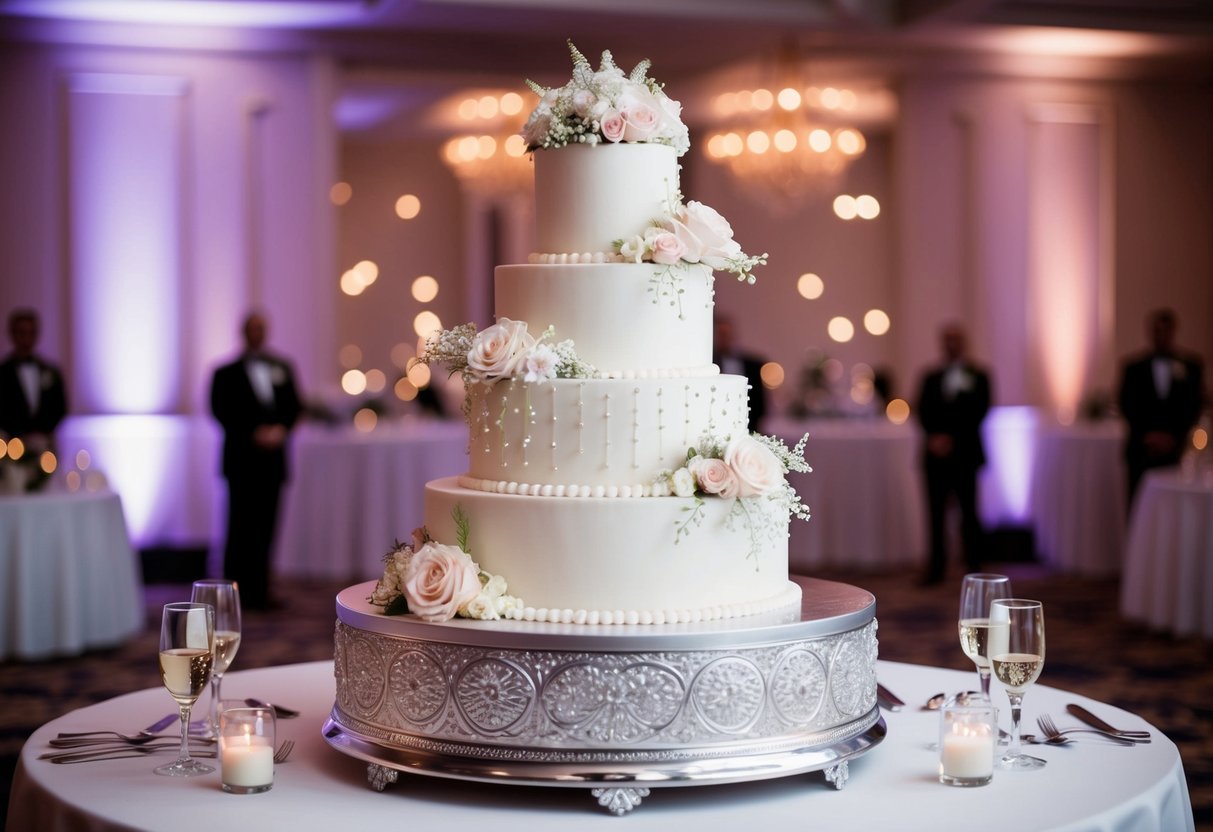 A multi-tiered wedding cake stands as the centerpiece of a grand reception, adorned with intricate designs and delicate flowers, symbolizing the couple's union and the sweetness of their love