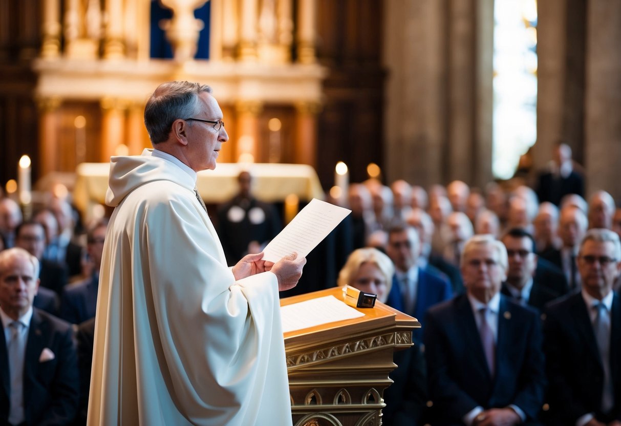 A figure stands at the altar, holding a piece of paper and speaking to the audience