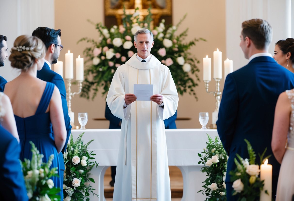 A figure stands at the altar, holding a piece of paper and facing the couple. The setting is serene and elegant, with flowers and candles adorning the space