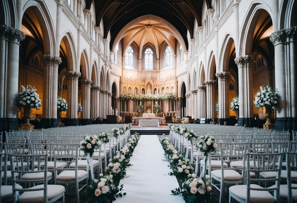 A grand cathedral with floral decorations, a long aisle, and rows of elegant seating for a royal wedding