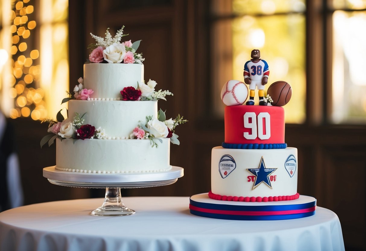 A wedding cake adorned with elegant floral decorations sits on a tiered stand, while a groom's cake featuring a sports theme and bold colors stands nearby