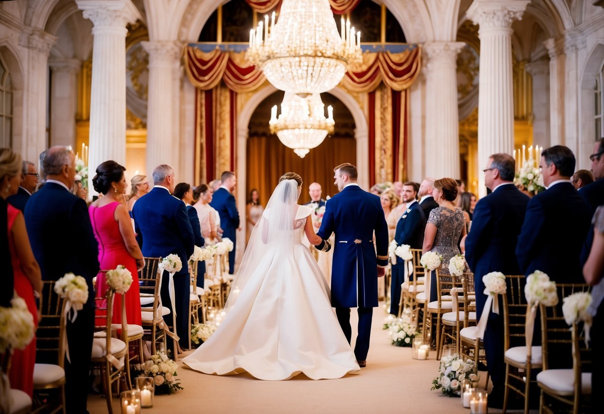 A grand royal wedding ceremony with opulent decorations and a lavish reception in a historic castle