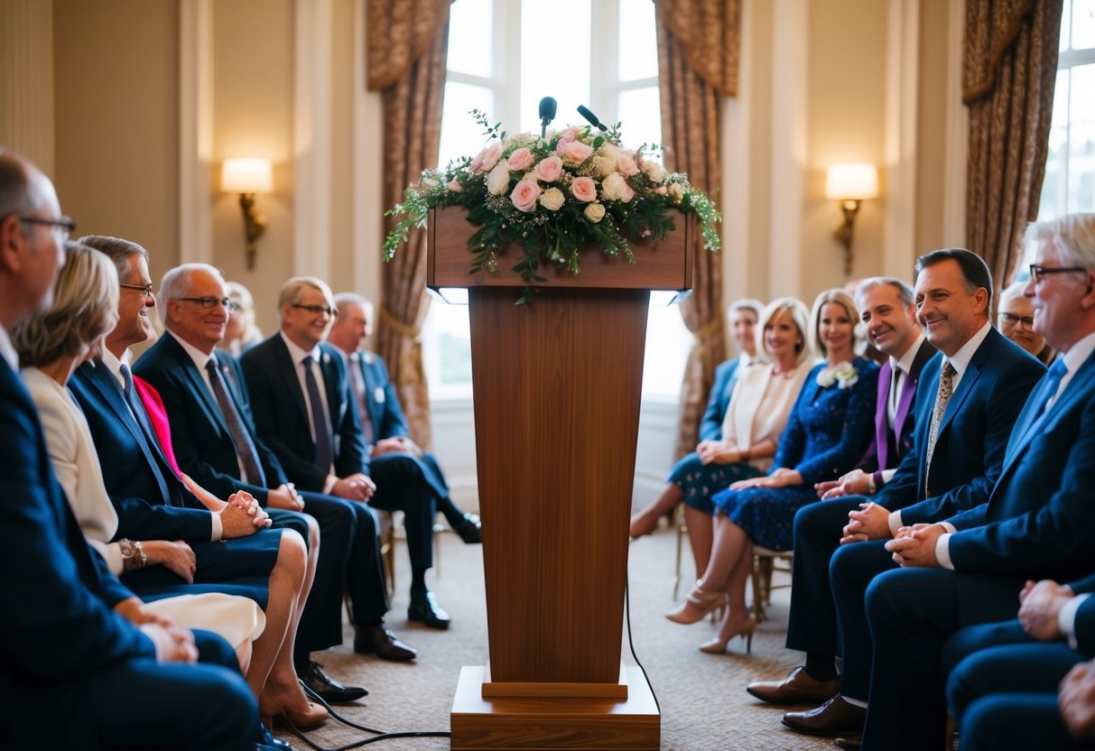 A podium stands in the center of the room, adorned with flowers. A microphone awaits the speaker, surrounded by eager guests